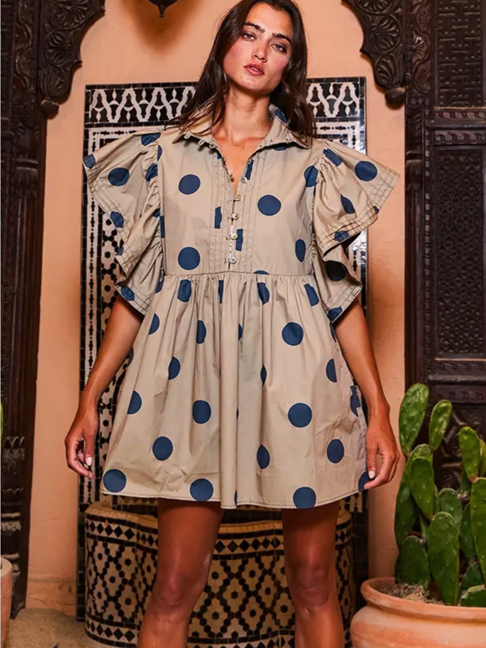 BUCKETLIST Taupe Mini Dress with Navy Polka Dots - Picture 4 of 7